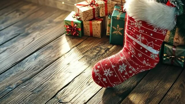 Festive christmas stockings by a cozy fireplace with glowing lights