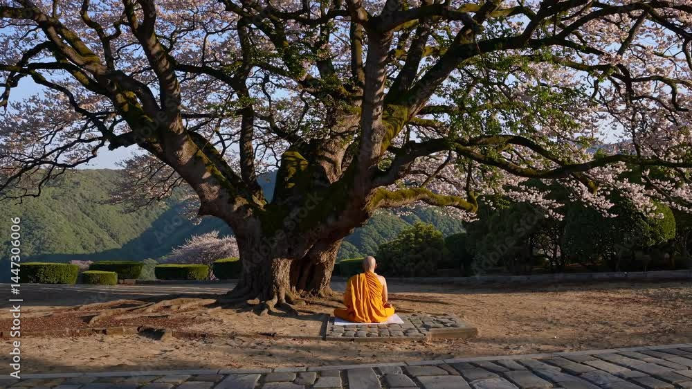 Poster a serene video scene of a monk meditating under a large tree, captured from a low angle, emphasizing