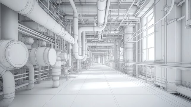 A detailed architectural wireframe of a vast industrial interior space. It illustrates engineering or industrial concepts, ideal for presentations.