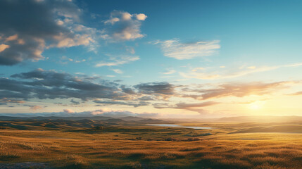 Beautiful landscape of meadow with dramatic golden hour sky