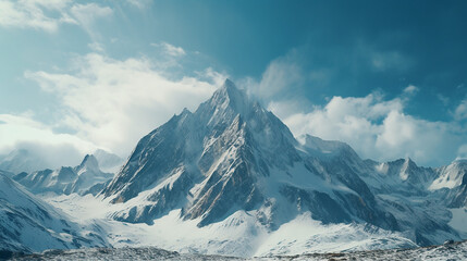 Obraz premium Landscape of a snowy mountain with a snow covered mountains and a cloudy sky in the background.