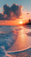 Serene sunset over a beach, with waves gently lapping the shore.  Colorful clouds and a golden sun set the scene