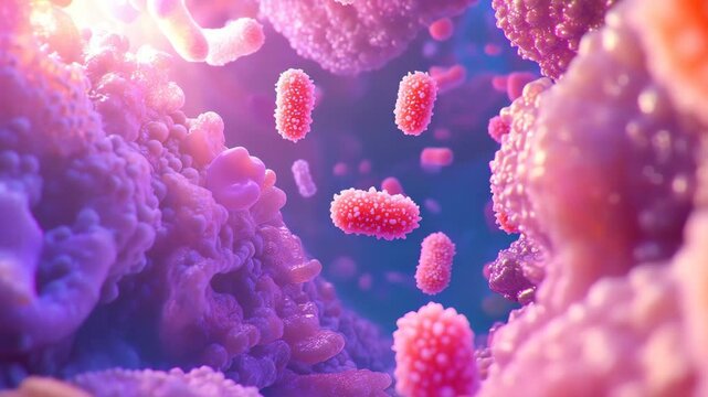 pathogen organ activity surreal pink bacteria ecosystem pathogen organ activity showing soft glowing bacteria, pink bacteria ecosystem floating in translucent jelly world, pink bacteria ecosystem refl