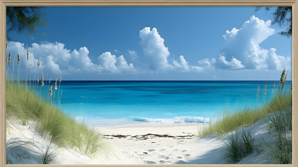 Tropical beach scene with turquoise water and white sand. Lush green grass borders a pathway to the ocean, under a partly cloudy sky