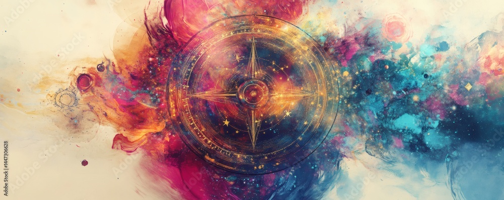 Poster a compass design overlaid on colorful flowing abstract artistic patterns