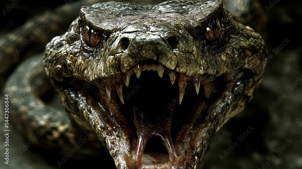 Poster extreme close-up of a menacing snake with its mouth wide open showing sharp teeth creating a sense o
