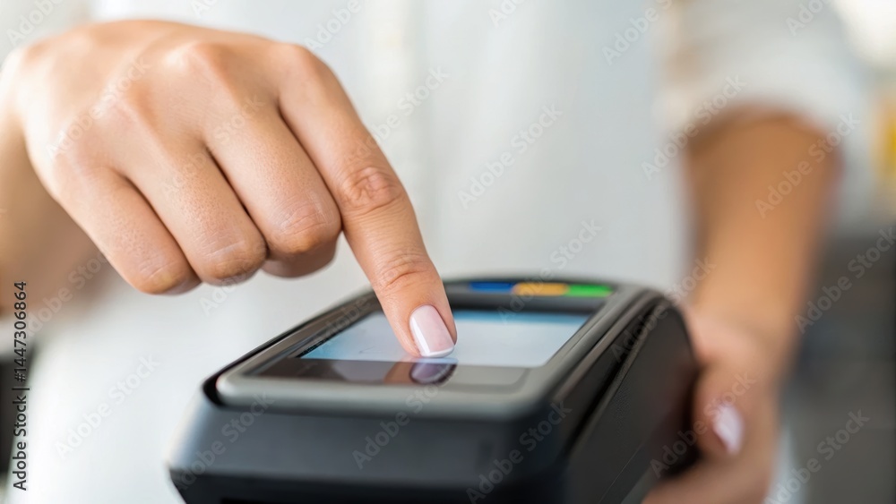 Poster a person using a contactless payment terminal, demonstrating modern technology in financial transact