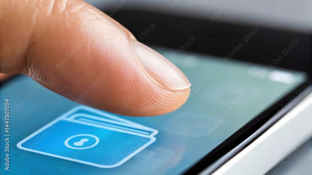 Poster a close-up of a finger tapping a smartphone screen, focusing on a digital wallet application icon, s