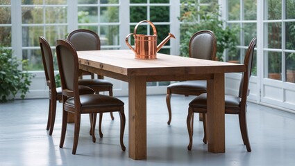 Obraz premium Minimalist Indoor Dining Area with Wooden Table and French Doors