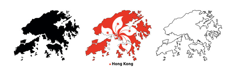 Hong Kong  Map Vector - Country Outline, Flag Inside Map, Blank and Silhouette Version