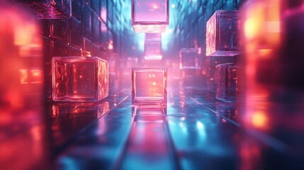 Neon Glowing Cubes Abstract Corridor: A Digital Art Exploration