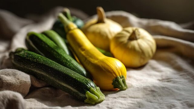 A beautifully arranged composition of fresh zucchini and squash highlights the vibrant colors and textures, showcasing healthy eating choices and culinary inspiration.