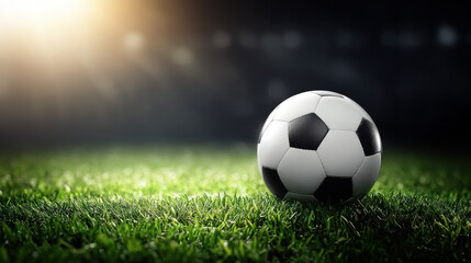 Fototapeta premium A classic black and white soccer ball rests upon lush green grass under the bright stadium lights, evoking the excitement of a night game on the field of play.