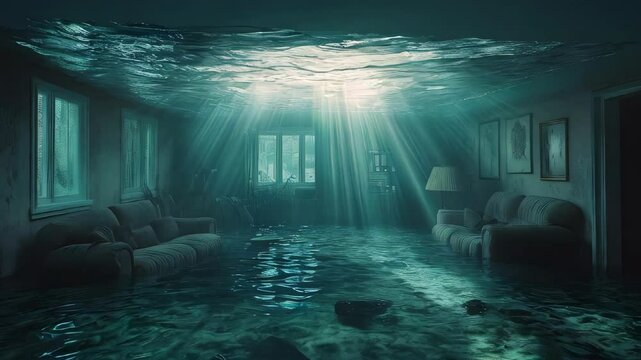 an underwater view in the flooding interior. 3d concept -