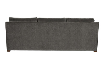 Back view of a modern three seater gray fabric sofa isolated + clipping path. Furniture Collection....