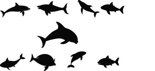 Fototapeta premium Fish and Dolphin Silhouette Vector Set: Marine Animal Black Sea Life Shapes
