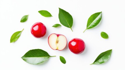 Red Apples Halved with Green Leaves on White Background