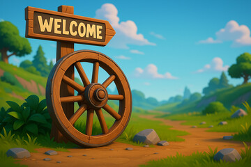 Welcome Sign and Wooden Wagon Wheel on Country Path