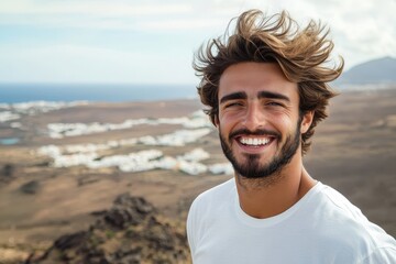 Landscape Person. Lanzarote Vacation: Brunet with Windy Hair Smiling, Sunny Summer View