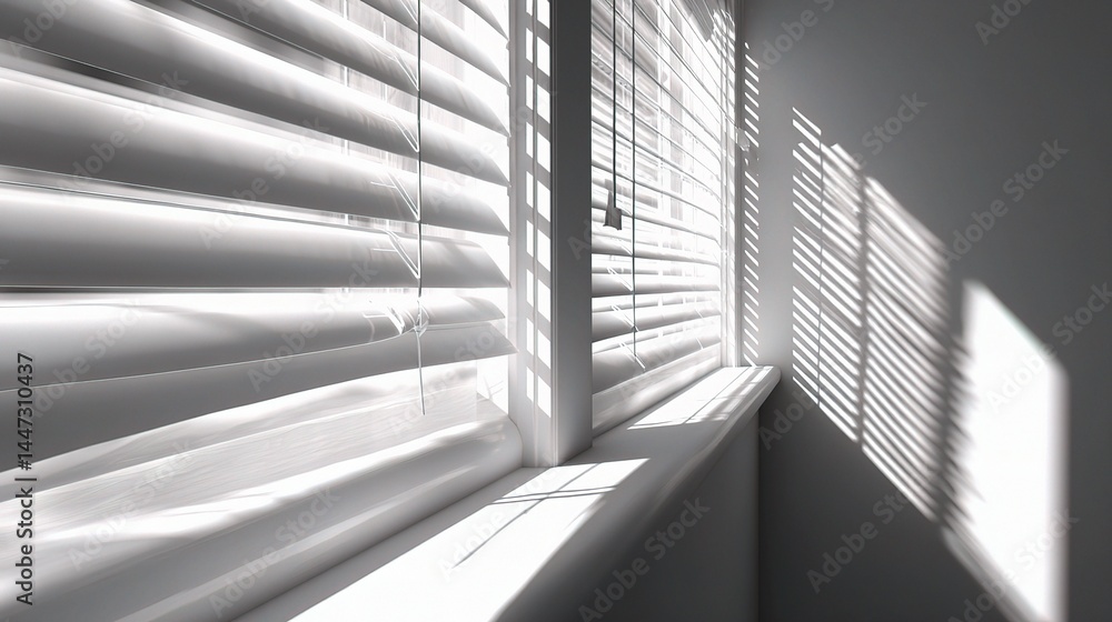Poster soft sunlight streaming through window blinds creating shadows