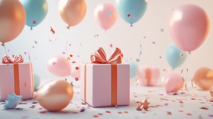 Festive gift scene with balloons and confetti
