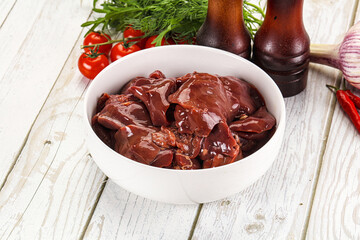 Raw chicken liver uncooked in the bowl