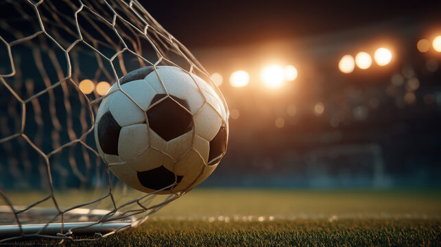 A striking soccer ball les in the net after a goal du an intense night game at a brightly lit stadium, captu the thrill of the sport beautifully. - Powered by Adobe