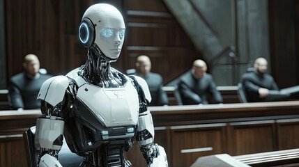Fototapeta premium Humanoid robot sits courtroom, witnesses present.