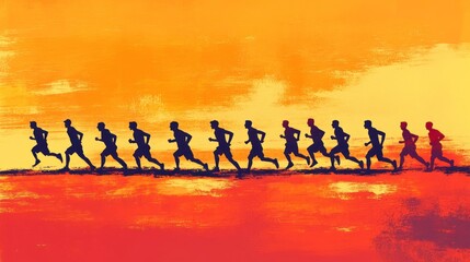 Endurance runners silhouetted against vibrant hues of an intense sunset sky