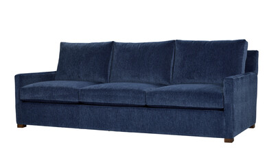 Modern three seater sofa in deep blue upholstery on white background + clipping path. Furniture...