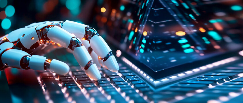 Close-up of a robot hand typing on a laptop keyboard, symbolizing artificial intelligence, human-machine interaction, and advanced digital technologies. Ideal for illustrating concepts in AI - Powered by Adobe