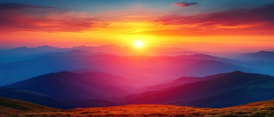 Bright sun setting over mountain peaks with colourful sky and foreground grass