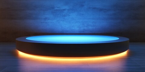 Illuminated Circular Platform Against Blue Wall