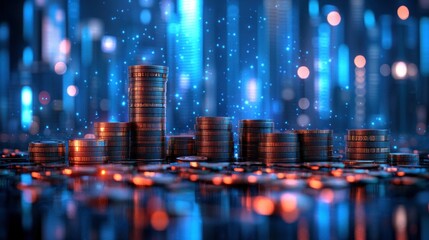 Stacks of coins, digital cityscape