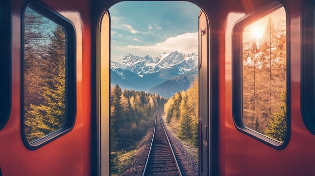 Fototapeta Scenic train journey through mountains and forests, window view of alpine landscape