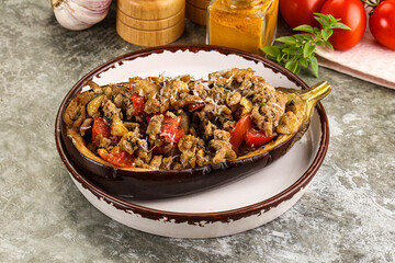 Baked eggplant stuffed meat and tomato