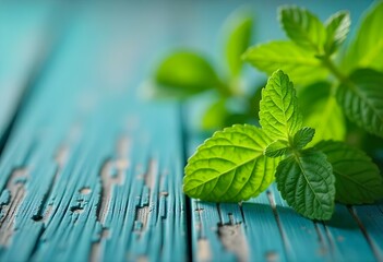 Macro shot of vibrant green mint leaves bordering a chipped, blue-painted wooden background in a thriving herb garden, illuminated by the golden light of early morning, copy space in the middle