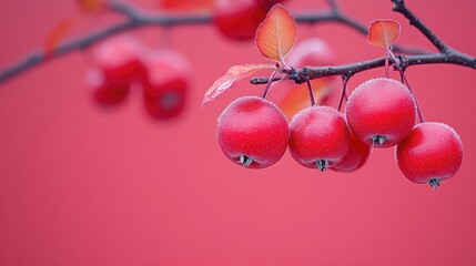Branch with red berries against a solid red backdrop. Fruits are round and look tasty