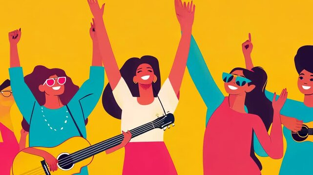 Animated friends celebrating with guitars and sunglasses in vibrant colors