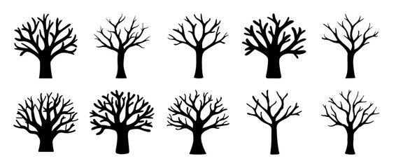 Collection of Ten Bare Winter Trees Silhouettes Illustrations Graphics