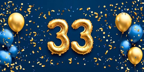 Fototapeta premium Golden Number 33 Balloon With Colorful Festive Balloons And Gold Confetti On Blue Background