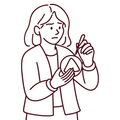 Line art illustration of Woman holding Dalgona candy and needle, looking nervous and focused before starting the challenge