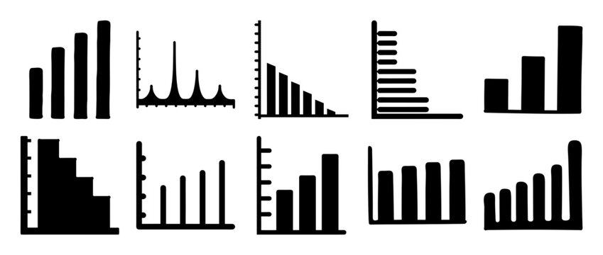 Collection of various bar chart and graph illustrations showing different data trends and patterns
