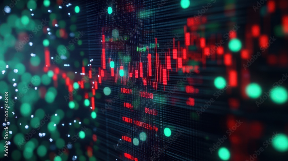 Poster abstract stock market data visualization: red and green candlestick chart display on a digital scree