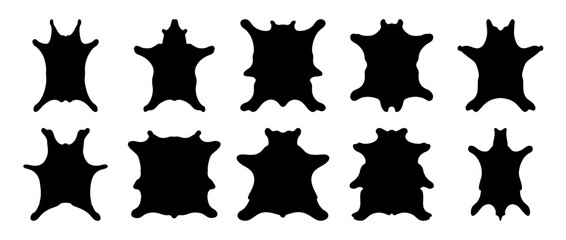Collection of Ten Animal Hide Silhouettes Various Shapes and Sizes Black on White Background