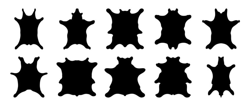 Collection of Ten Animal Hide Silhouettes Various Shapes and Sizes Black on White Background