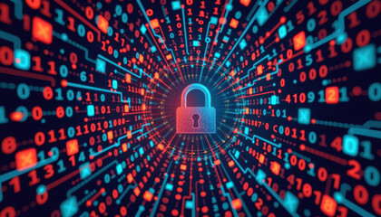 Data Protection Lock: In the heart of a digital vortex of binary code, a luminous padlock stands guard, symbolizing ironclad data protection and digital security.