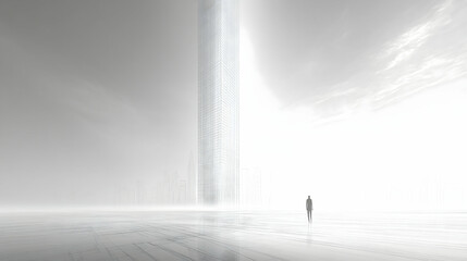 A solitary figure walks towards a towering skyscraper set against a hazy cityscape under a pale sky The scene is rende