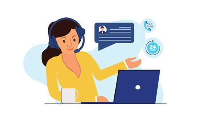 Customer service, call center, customer support concept vector illustration. Woman working with laptop