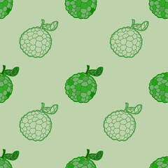 Fresh Green Custard Apple Pattern: A Seamless Repeat Design Featuring Whole Custard Apples with Sketch Details on a Light Green Background